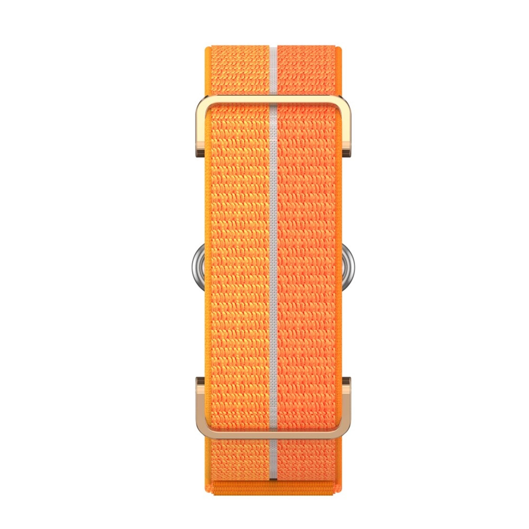 Un cinturino per orologio in nylon arancione con una striscia centrale bianca e dettagli in metallo dorato.