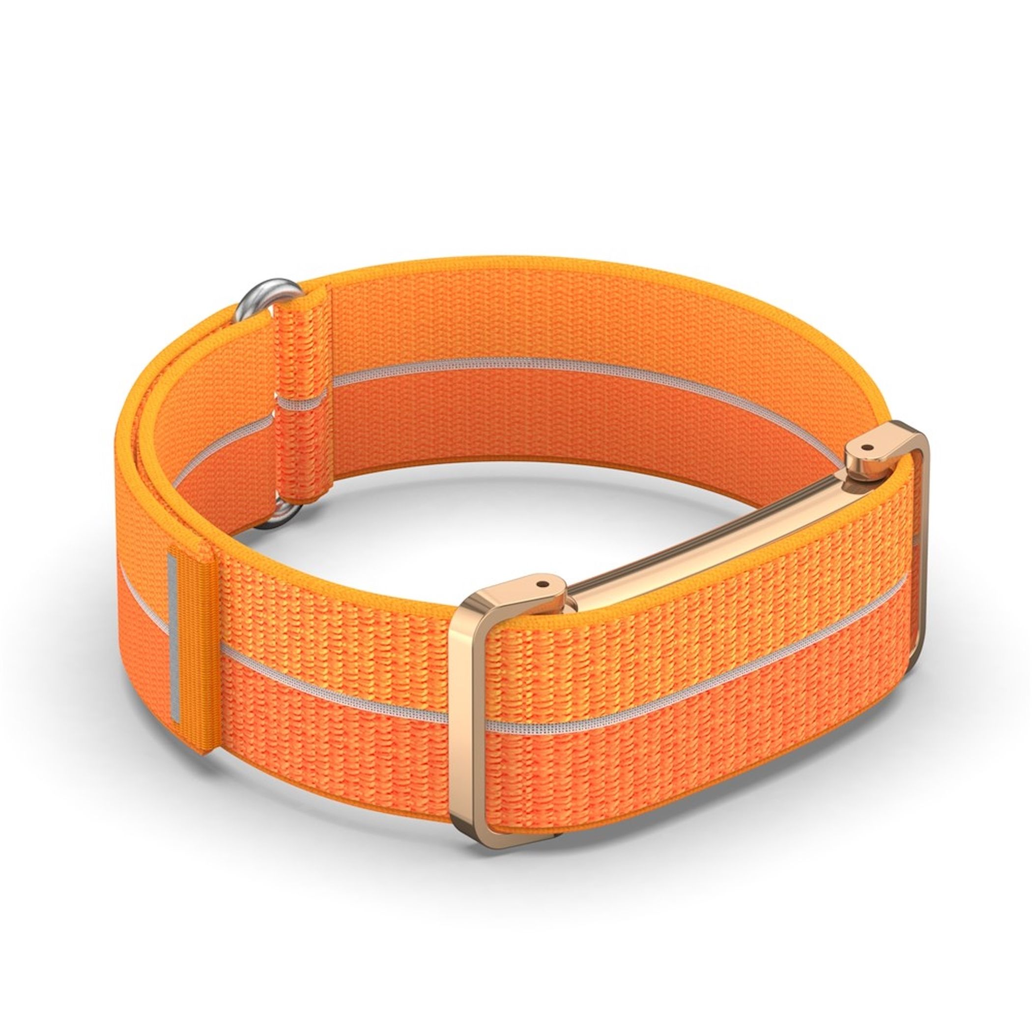 Un cinturino per orologio in nylon arancione brillante con una linea di cucitura bianca e accessori in metallo dorato.