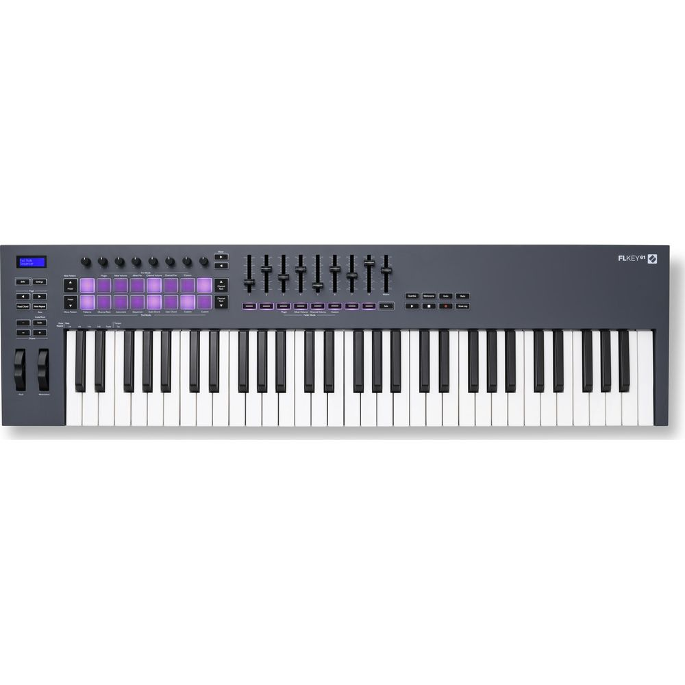 Ein grauer MIDI-Keyboard-Controller mit Klaviatur, Fader, Drehreglern und beleuchteten Pads auf weißem Hintergrund.