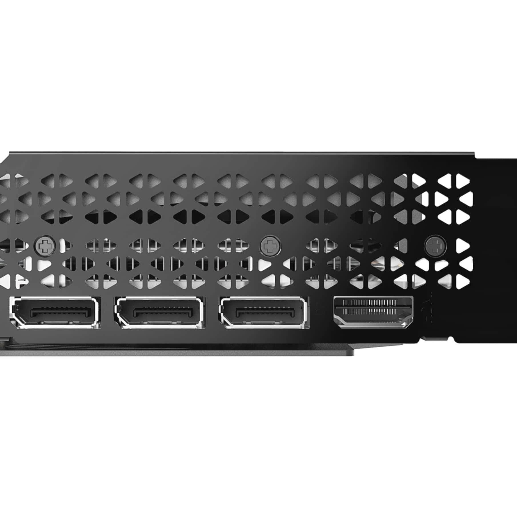 Rückseite einer Grafikkarte mit drei DisplayPort-Anschlüssen, einem HDMI-Anschluss und dreieckigen Lüftungslöchern.