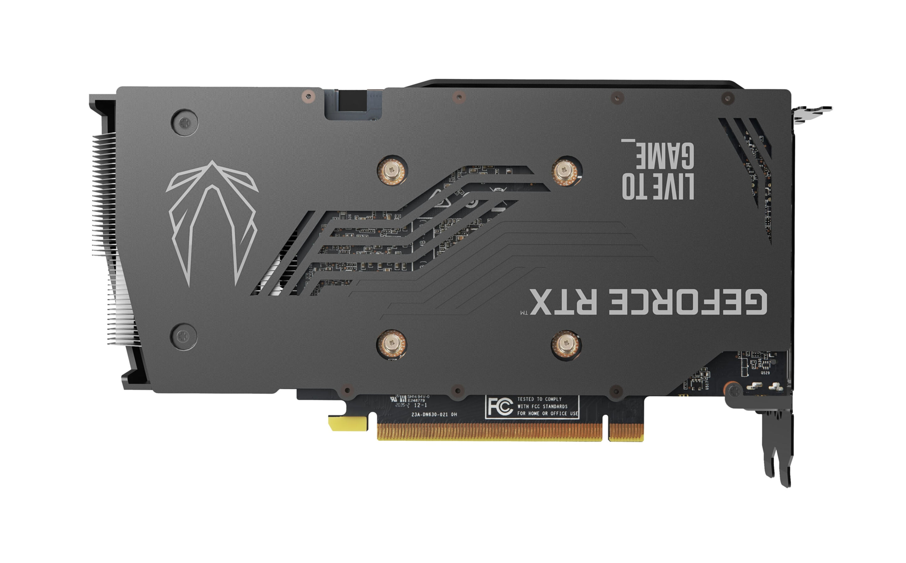 Eine schwarze Zotac GeForce RTX Grafikkarte mit Backplate, Logo und Schriftzügen.
