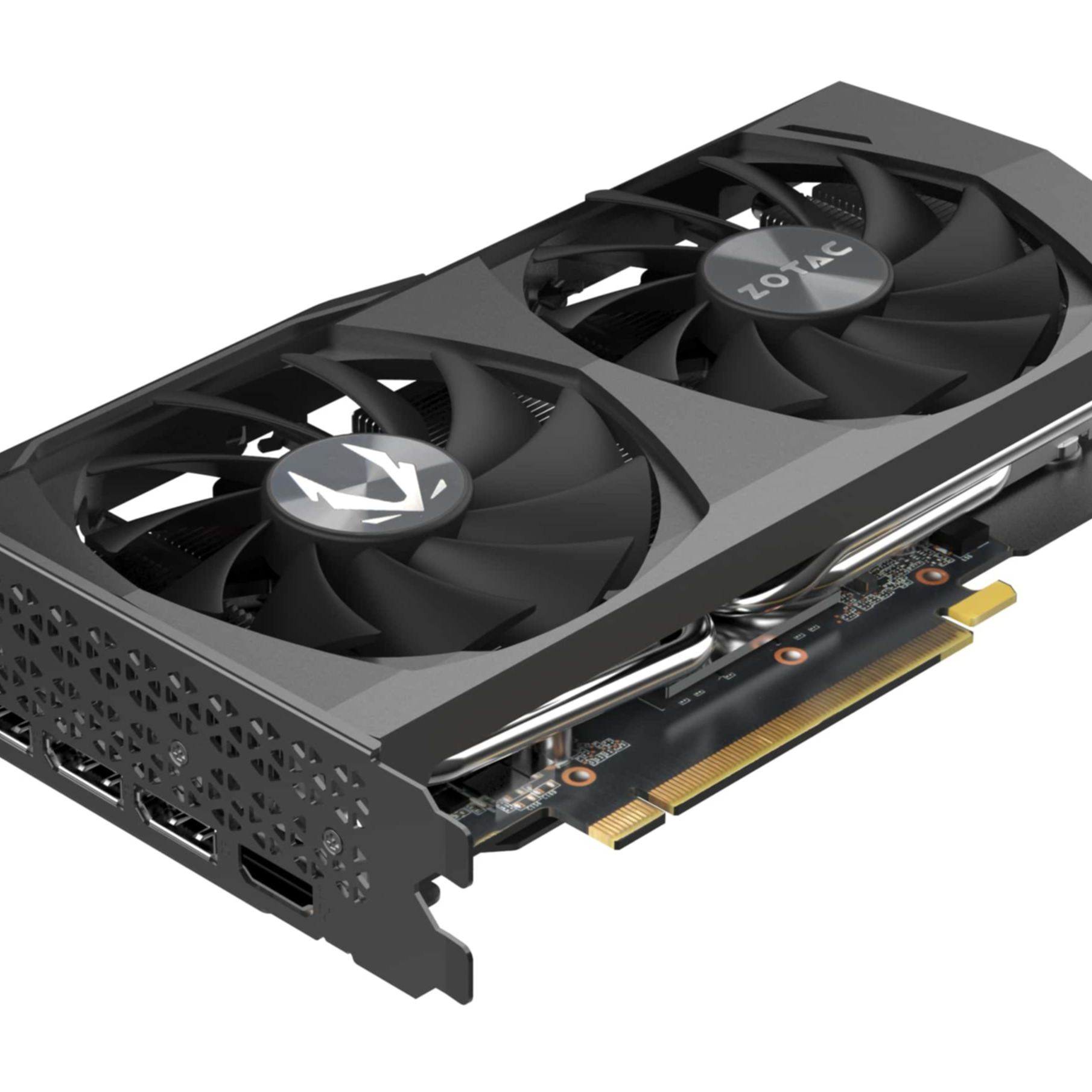 Eine schwarze Zotac-Grafikkarte mit zwei Lüftern, silbernen Heatpipes und PCIe-Anschluss auf weißem Hintergrund.