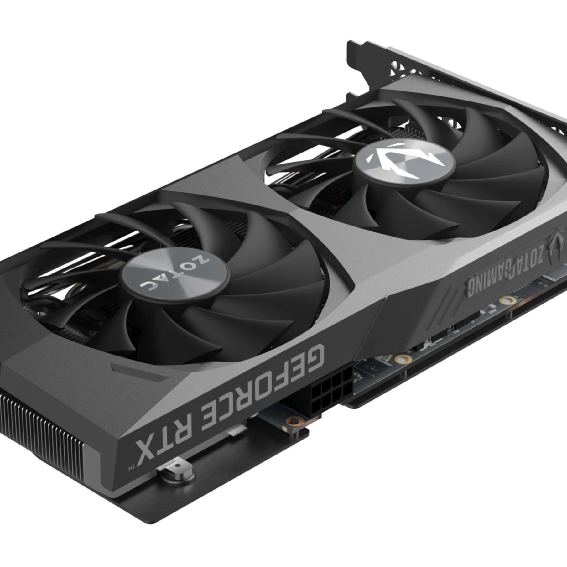 Schwarze Zotac Gaming GeForce RTX Grafikkarte mit zwei Lüftern auf weißem Hintergrund.