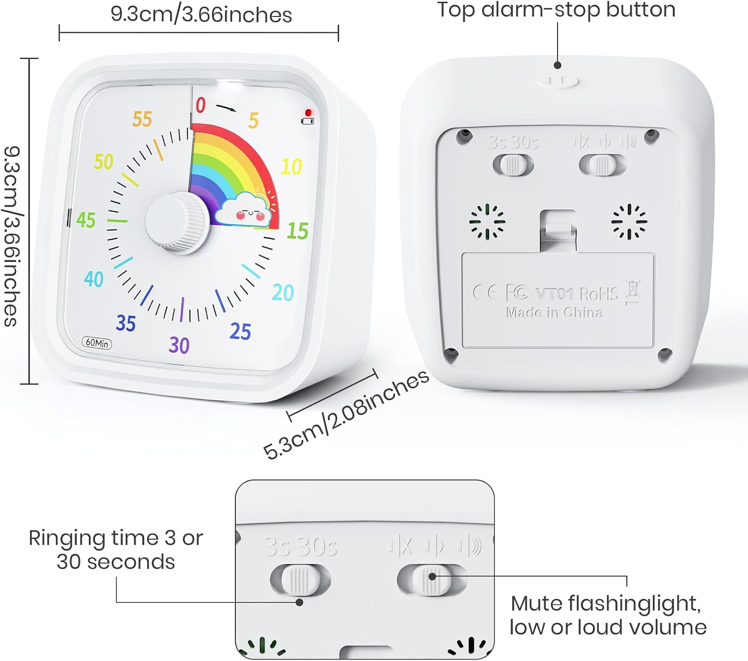 Diagramm eines weißen visuellen Timers mit Regenbogen-Zifferblatt und Maßen sowie Rückseitenansicht mit Schaltern.
