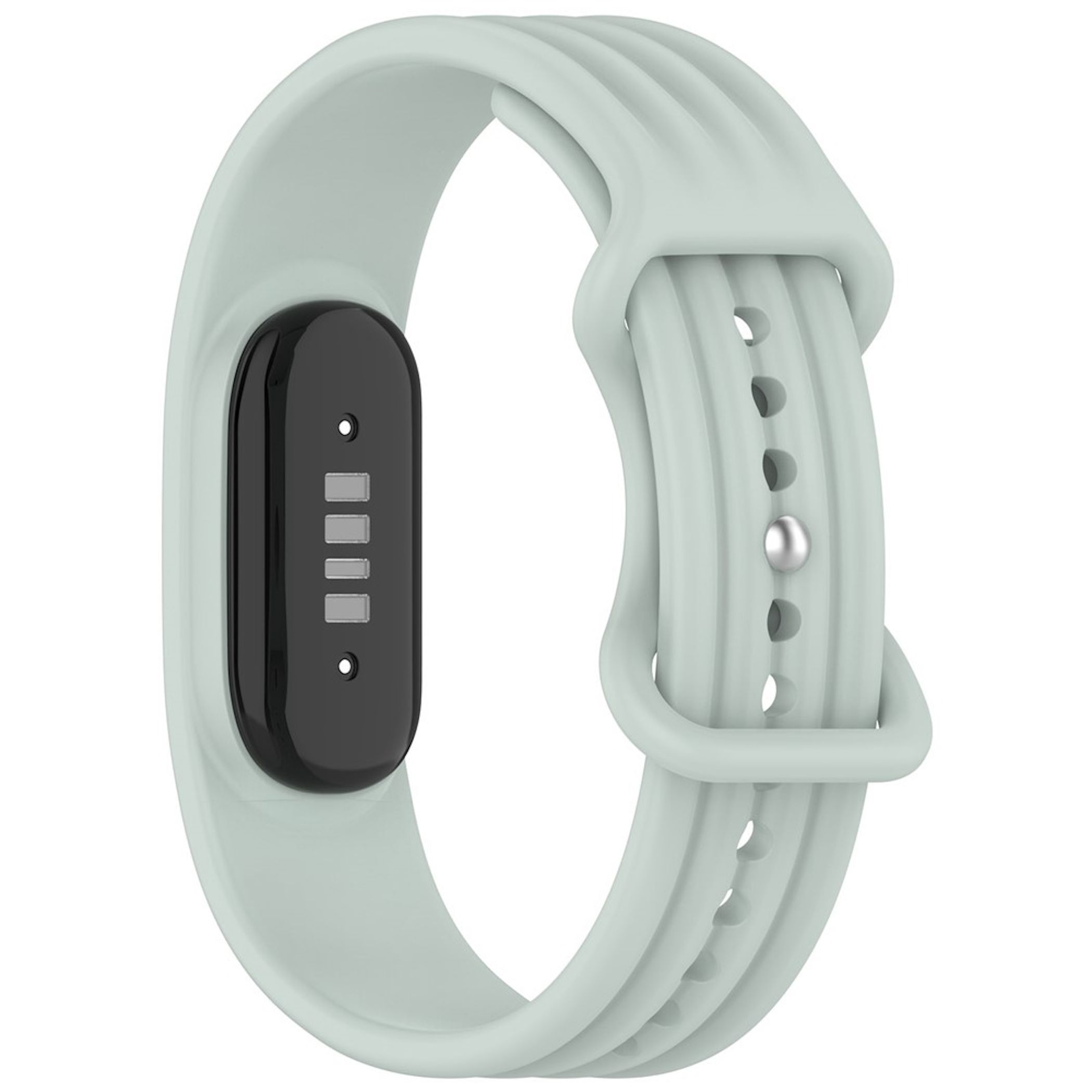 Ein hellgrünes Fitnessarmband mit schwarzem Gehäuse und silbernen Ladekontakten auf weißem Hintergrund.