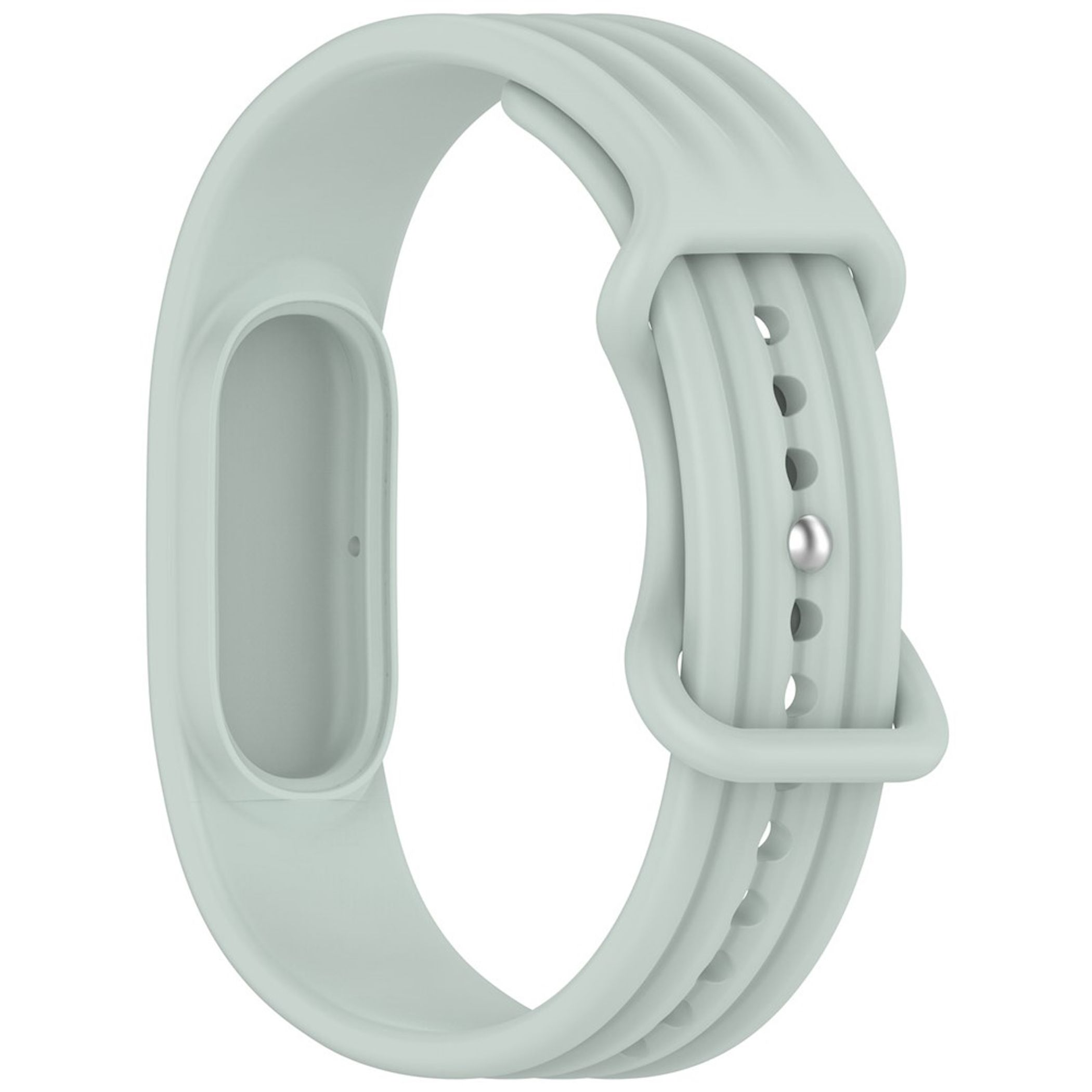 Ein blassgrünes Silikon-Smartwatch-Armband mit silbernem Verschlussknopf auf weißem Hintergrund.