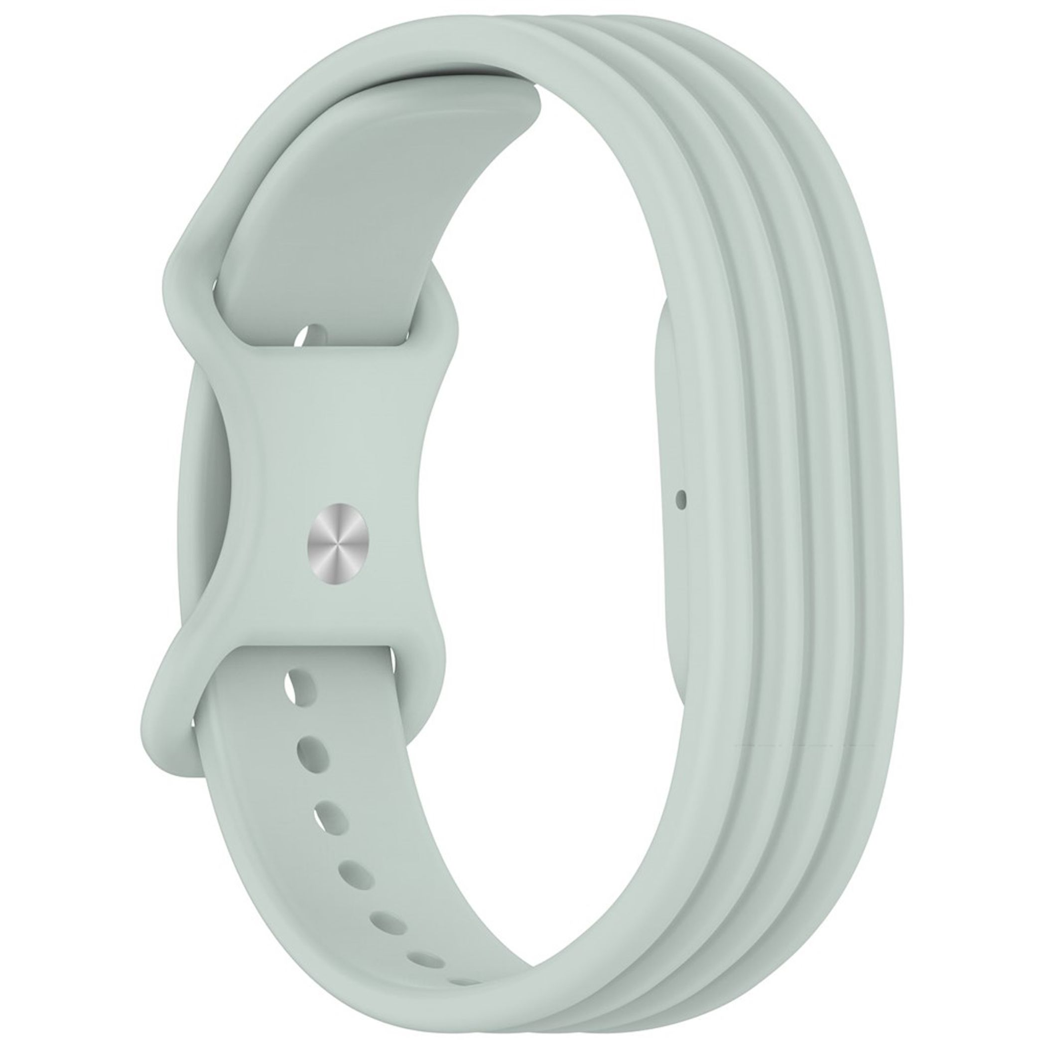 Ein hellgrünes Smartwatch-Armband aus Silikon mit silbernem Metallverschluss vor weißem Hintergrund.