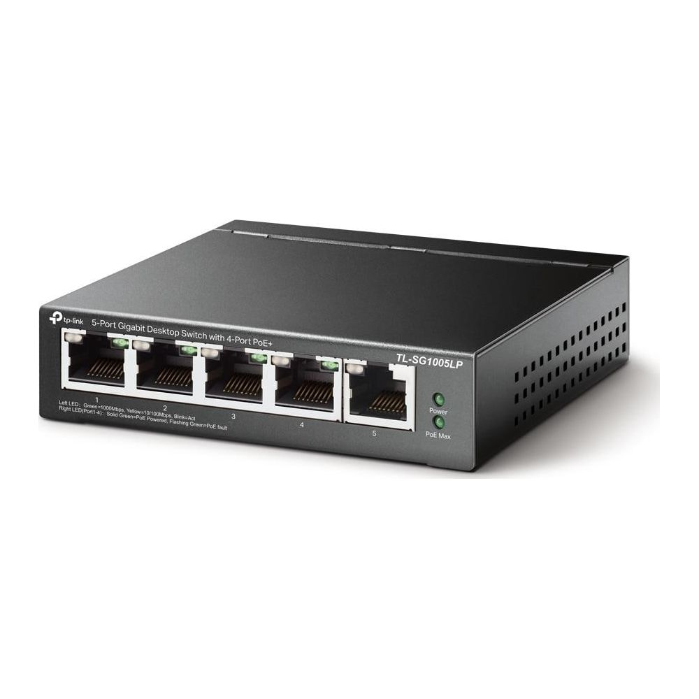 Ein schwarzer TP-Link 5-Port Gigabit Desktop Switch mit 4-Port PoE+ vor weißem Hintergrund.