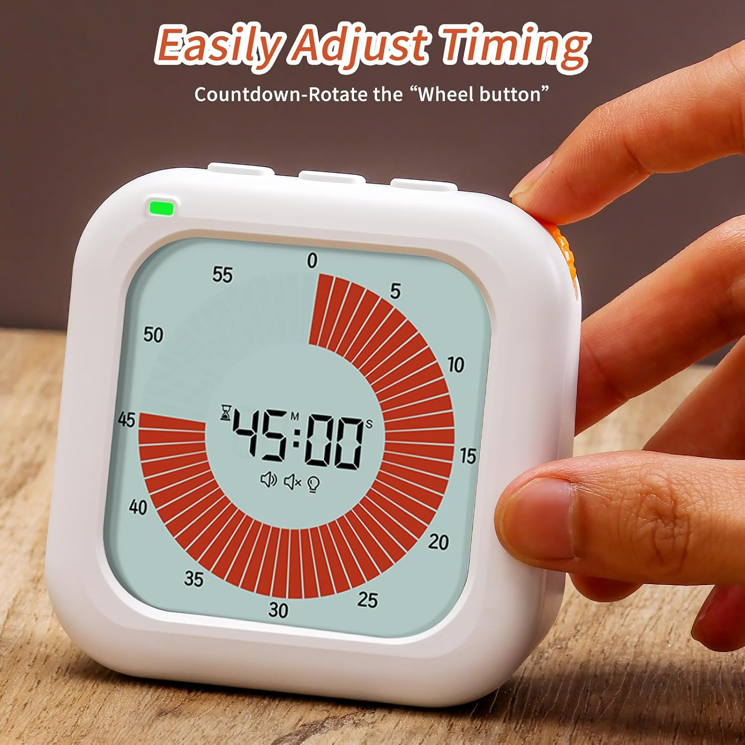 Eine Hand dreht das Rad eines weißen digitalen Countdown-Timers mit 45:00 und rotem Balken.