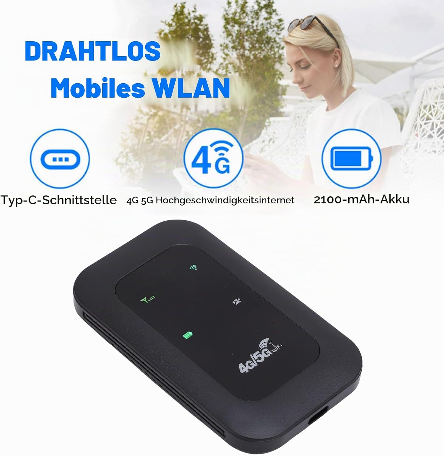 Ein schwarzer mobiler WLAN-Router mit Icons für Typ-C, 4G/5G und Akku sowie eine Frau im Hintergrund.