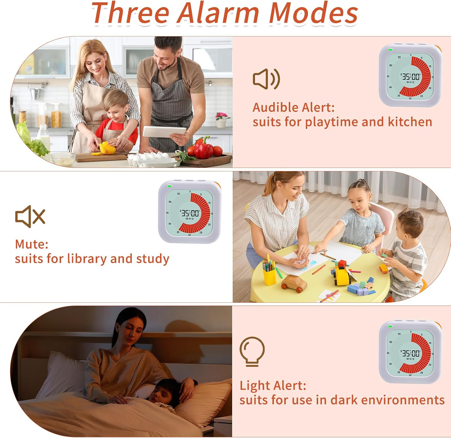 Ein visueller Timer zeigt drei Alarmmodi: hörbar, stumm und Licht, passend für verschiedene Umgebungen.