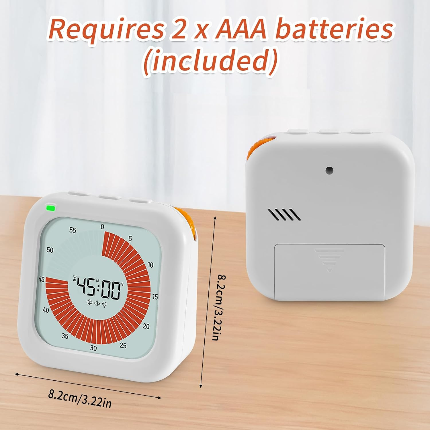 Zwei weiße digitale visuelle Timer auf Holzoberfläche mit Abmessungen und Batteriedetails.