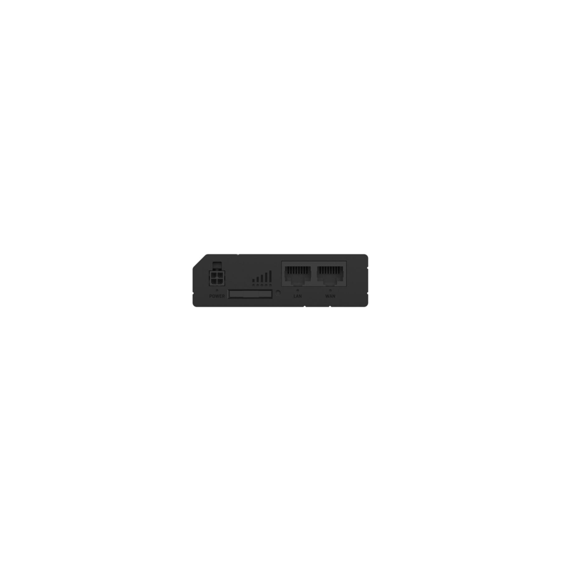 Rückseite eines schwarzen Routers mit Stromanschluss, SIM-Karten-Slot, Signal-LEDs sowie LAN- und WAN-Port.