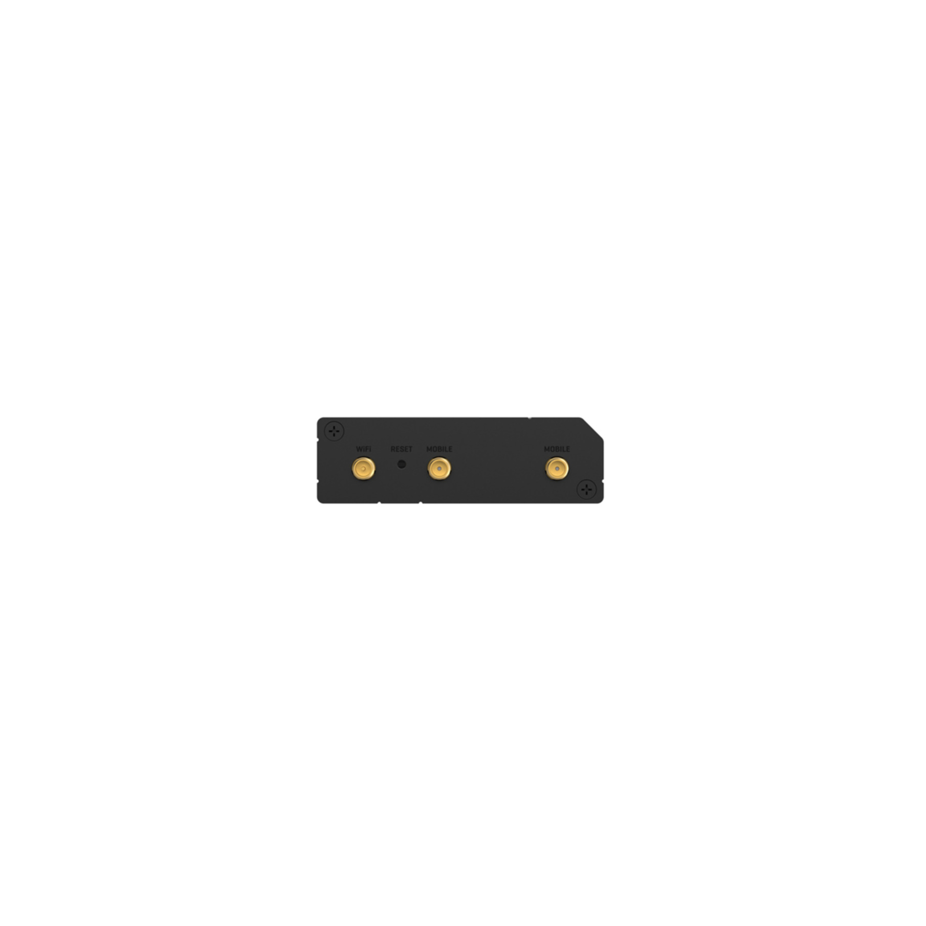 Eine schwarze Geräteblende mit drei goldenen Antennenanschlüssen für WiFi und Mobile sowie einer Reset-Taste.