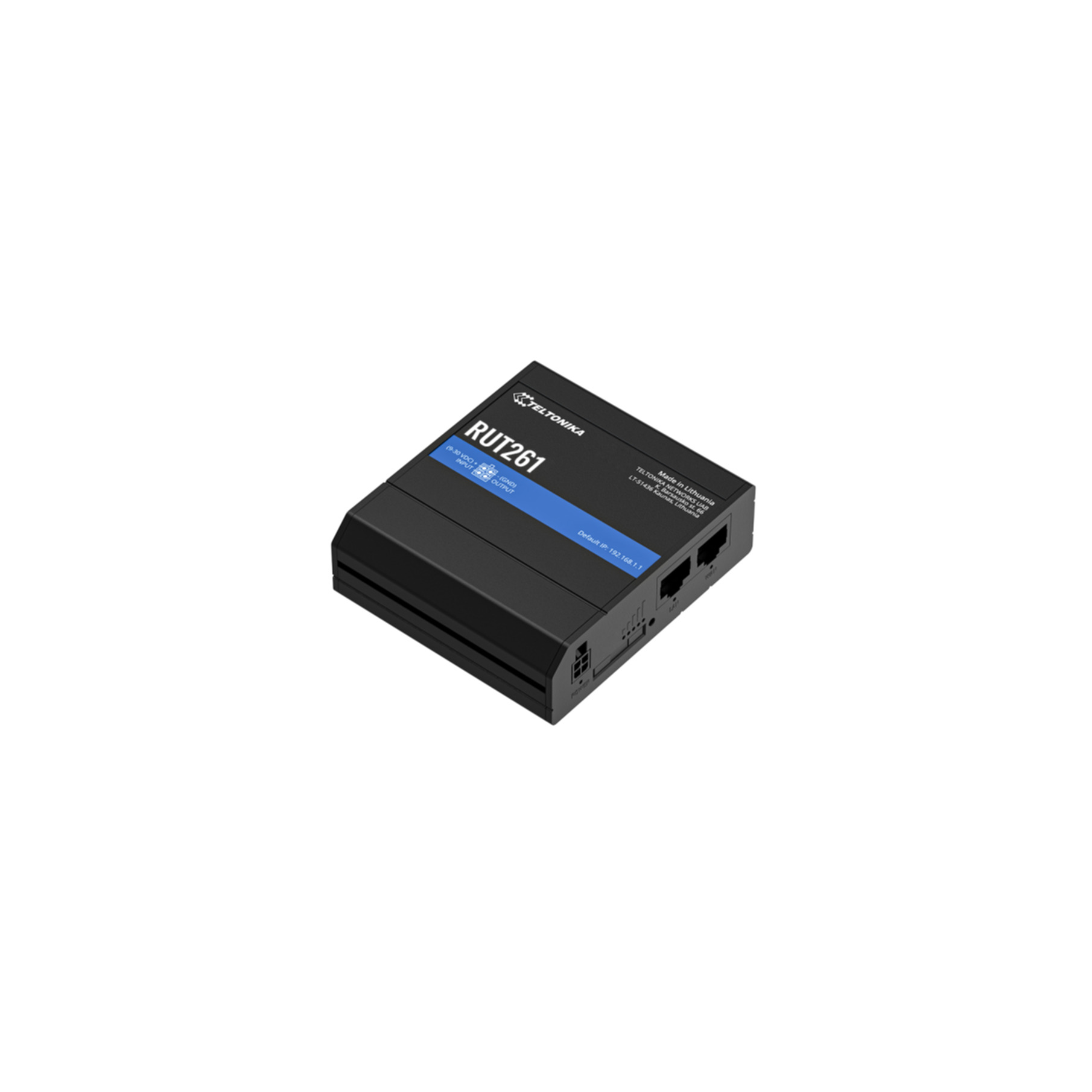 Schwarzer Teltonika RUT261 Router mit blauer Akzentleiste, Ethernet-Anschlüssen und Anschlüssen auf weißem Hintergrund.