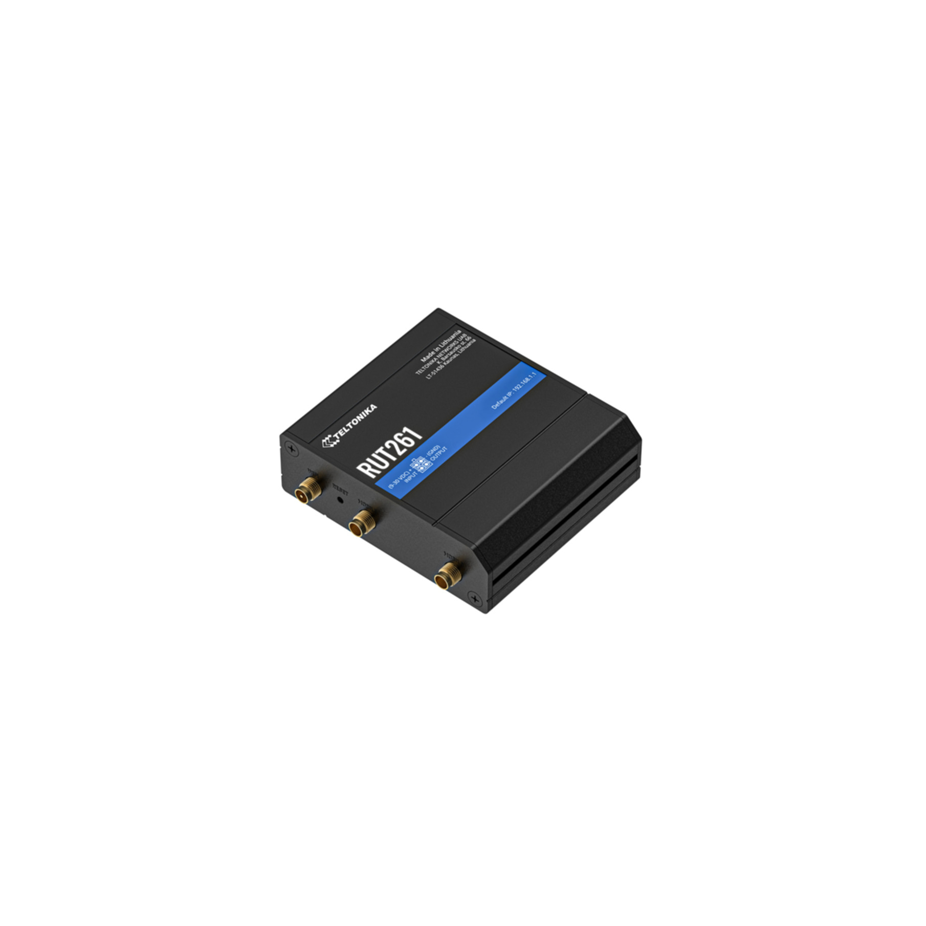 Ein schwarzer Teltonika RUT261 Router mit goldenen Anschlüssen auf weißem Hintergrund.