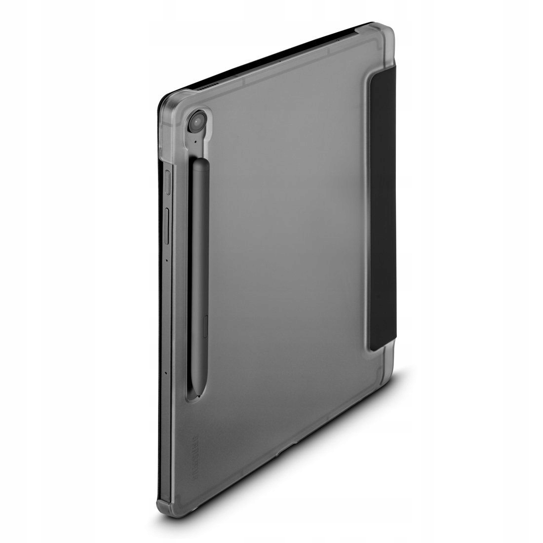 Tablet w szarym etui ochronnym z wbudowanym rysikiem na białym tle.