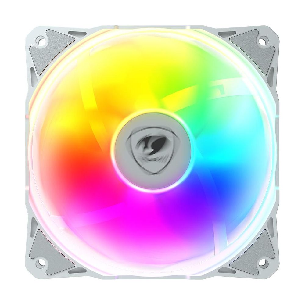 A white computer cooling fan featuring vibrant RGB lighting and a grey logo in the center.