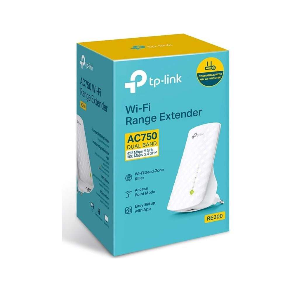 Türkis- und gelbfarbene TP-Link AC750 WLAN-Range-Extender-Produktverpackung.