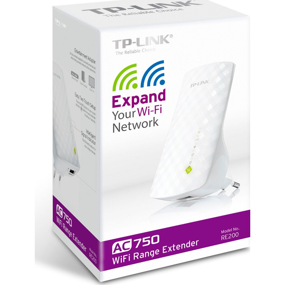 Produktverpackung eines TP-Link AC750 WiFi Range Extenders mit weißem Gerät und violetten Akzenten auf weißem Grund.