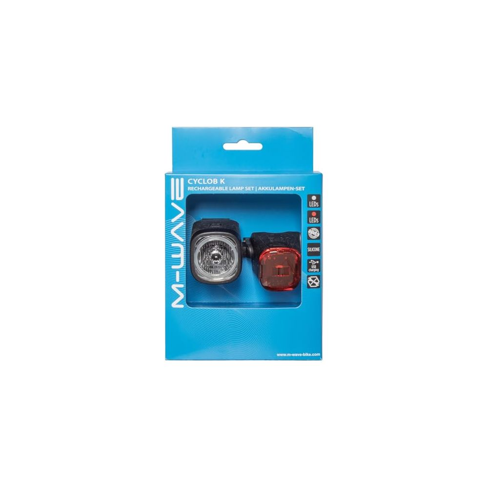 Verpackung eines M-Wave Cyclob K USB-Fahrradlampensets mit Vorder- und Rücklicht auf blauem Grund.