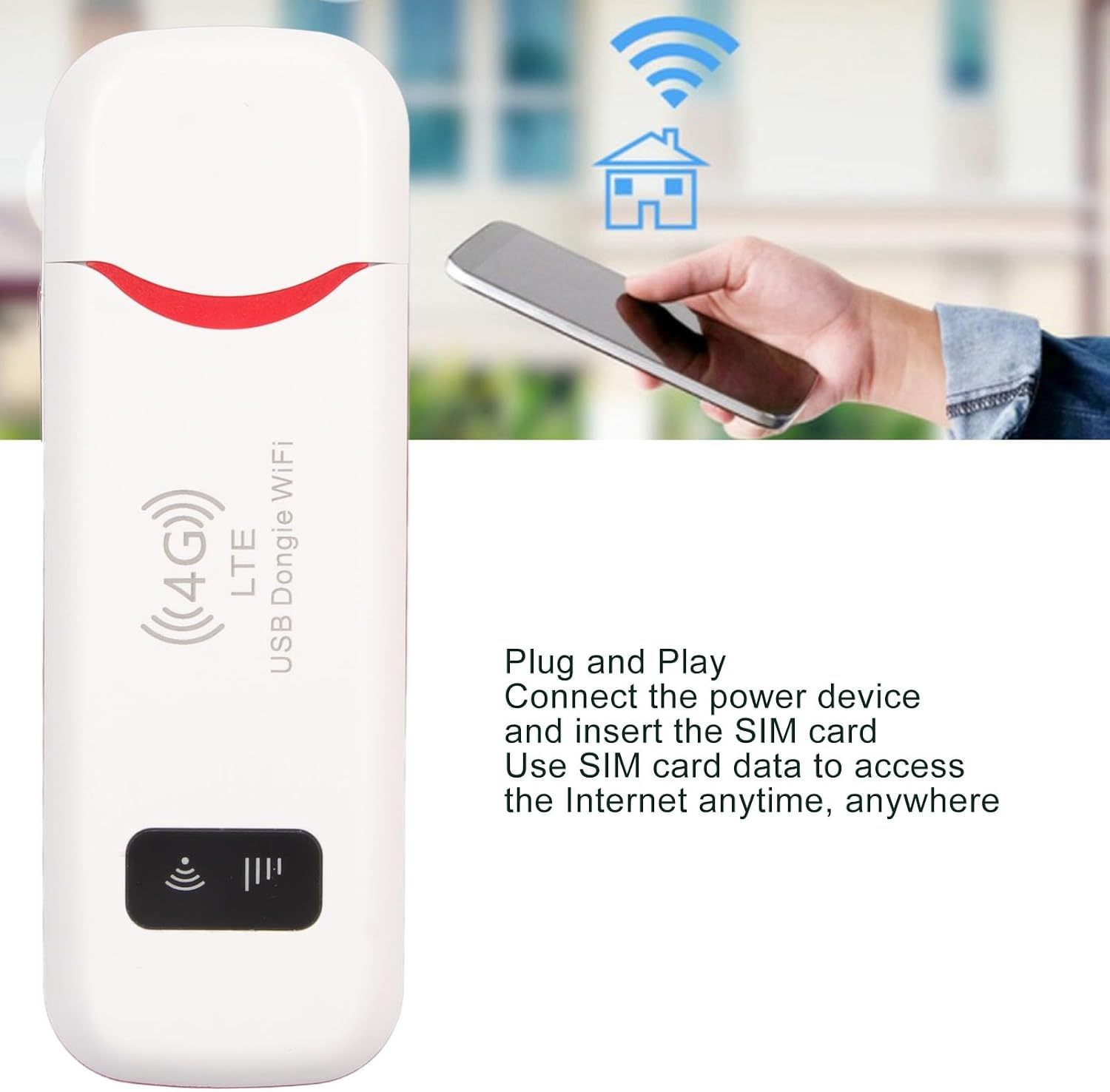 Ein weißer 4G LTE USB-WLAN-Dongle mit Smartphone im Hintergrund und Werbetext für mobiles Internet.