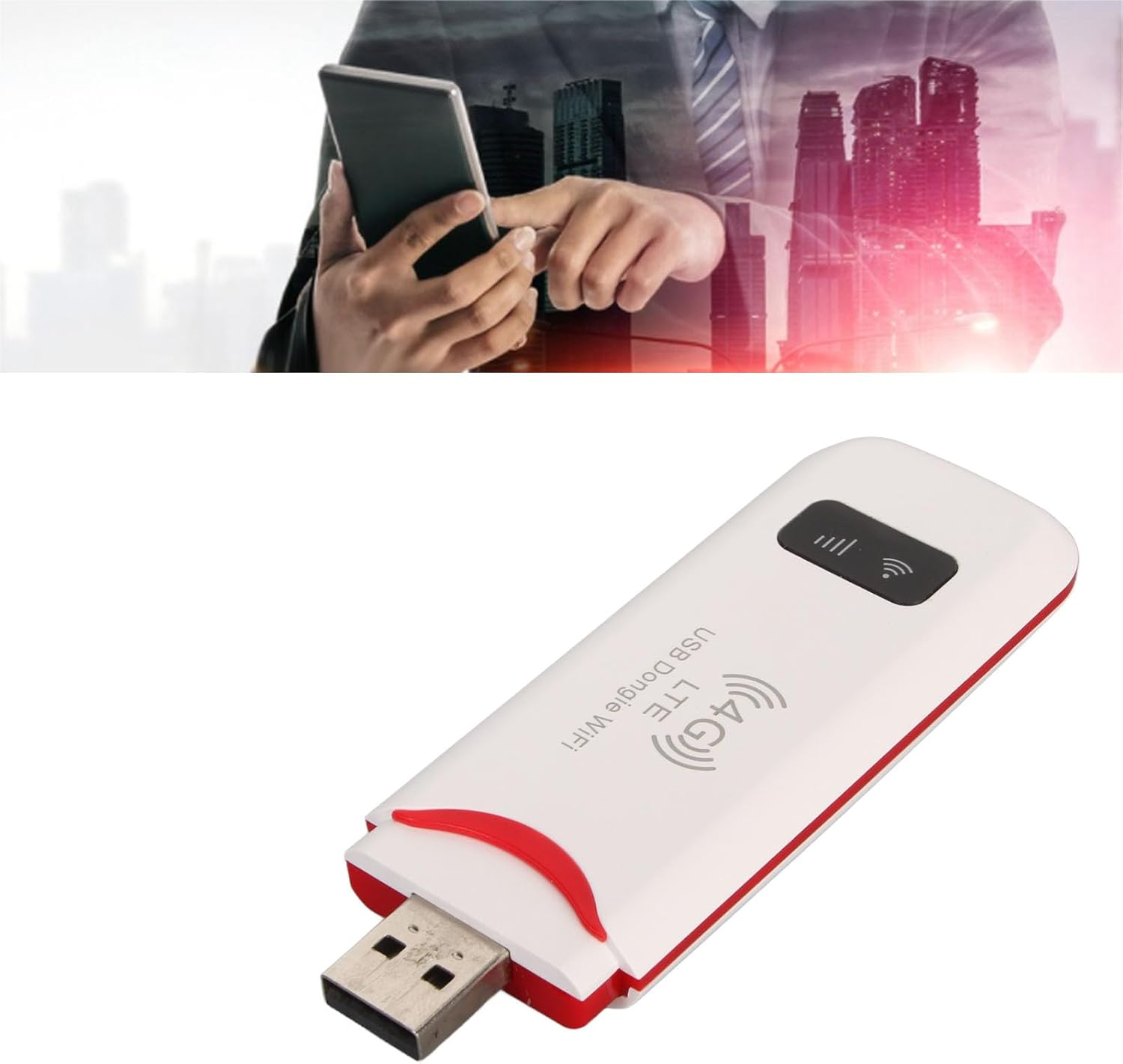Ein weißer USB-Dongle mit rotem Rand und integriertem USB-Stecker vor einem städtischen Hintergrund.