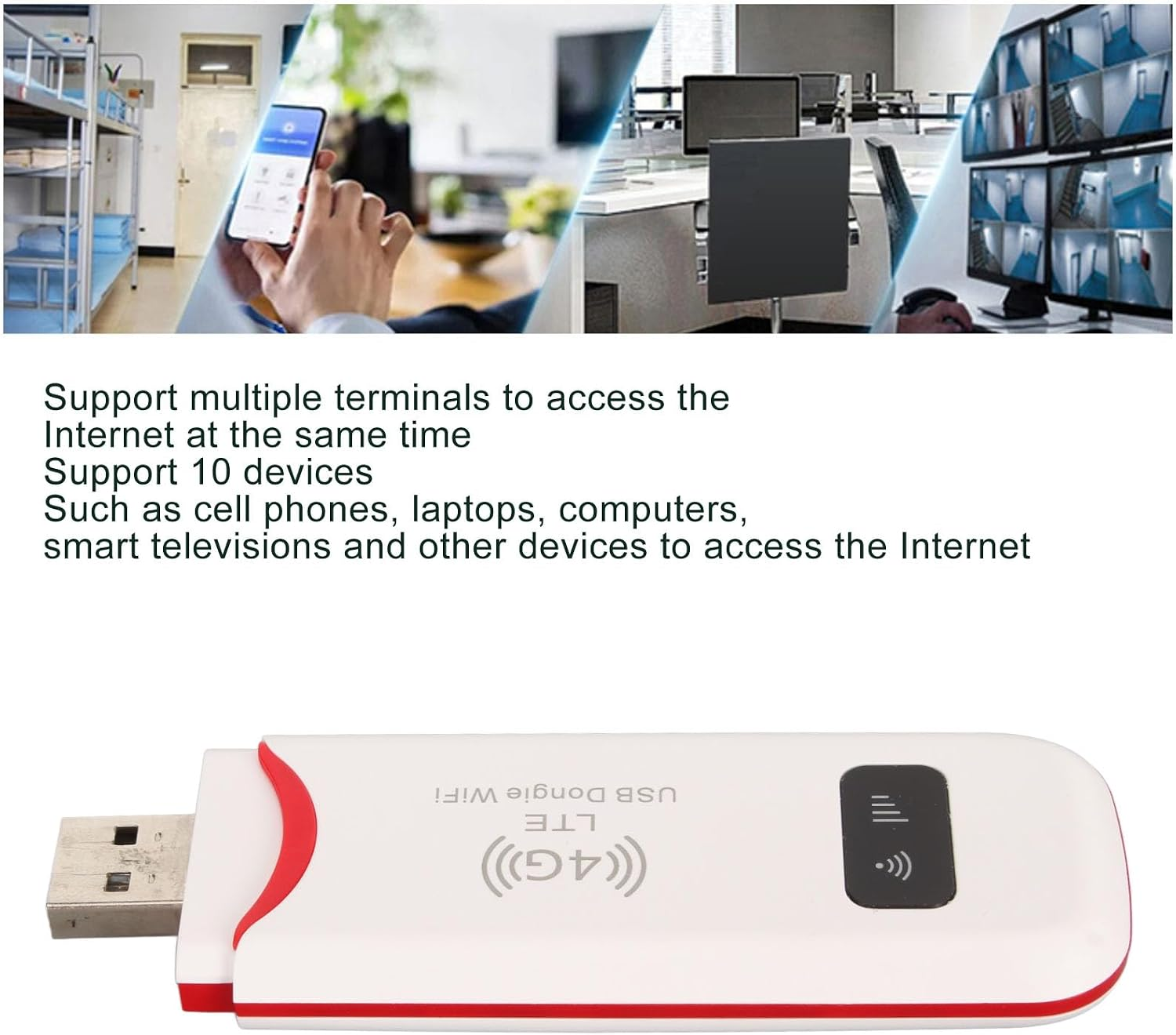 Ein weiß-roter LTE-USB-Dongle, der Internetzugang für mehrere Geräte wie Handys und Laptops unterstützt.