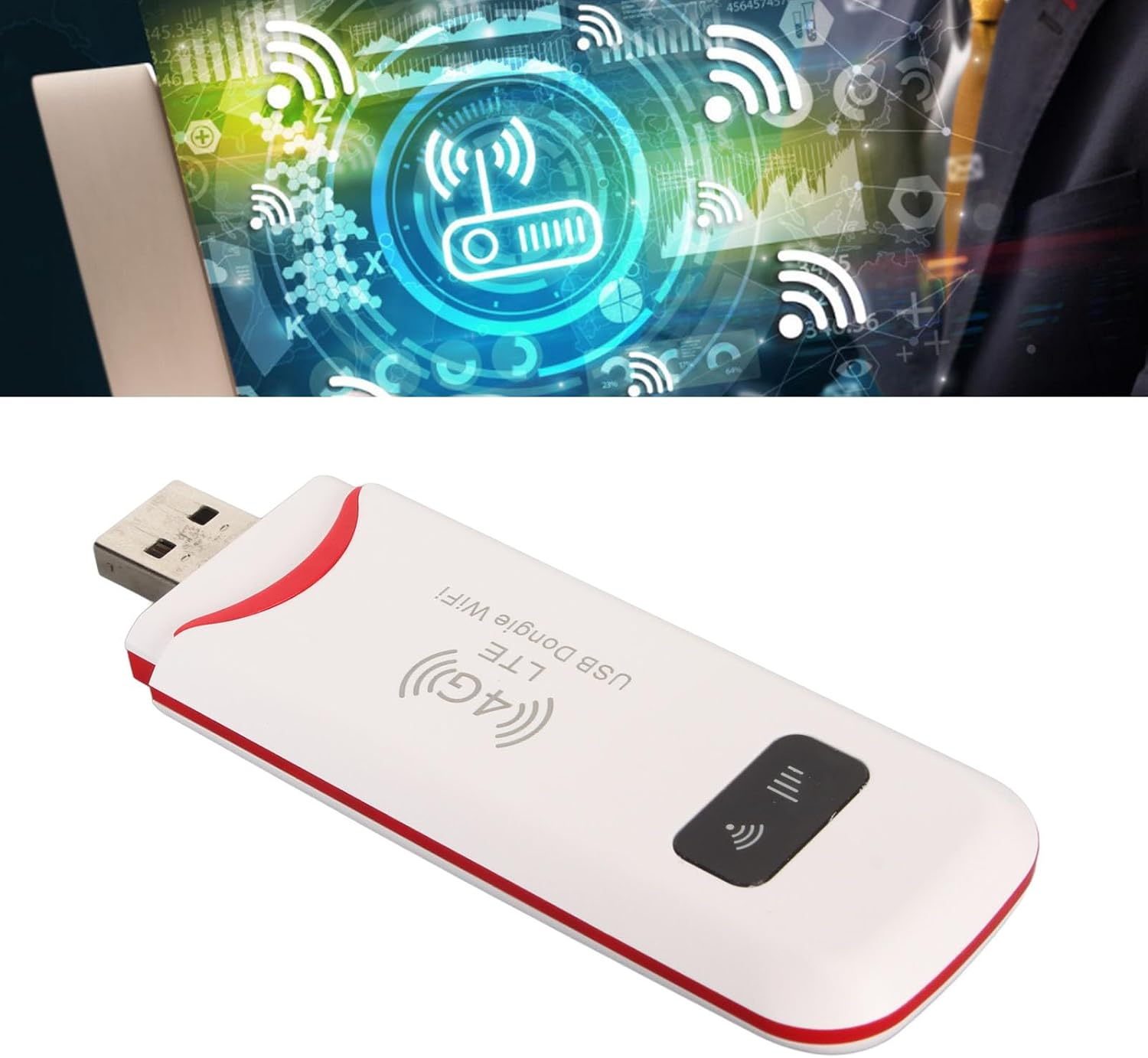Ein weißer 4G-LTE-USB-WLAN-Dongle mit roten Akzenten liegt isoliert vor einem digitalen Hintergrund.