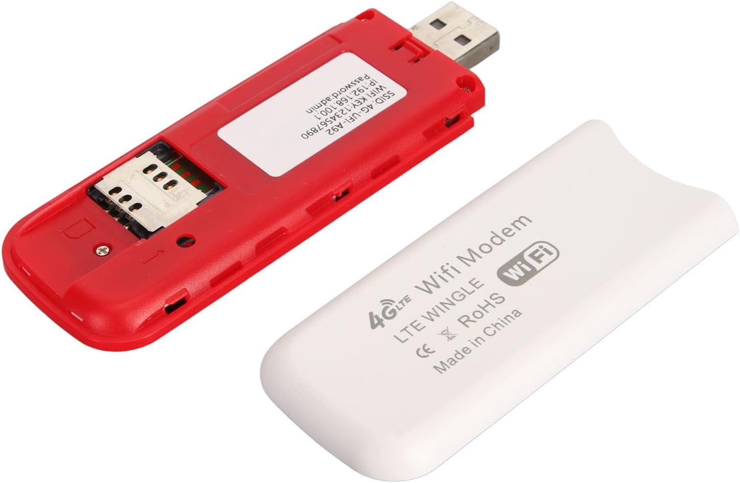 Ein rotes 4G-WLAN-Modem mit geöffneter SIM-Kartenabdeckung und daneben liegendem weißen Gehäusedeckel auf weißem Hintergrund.