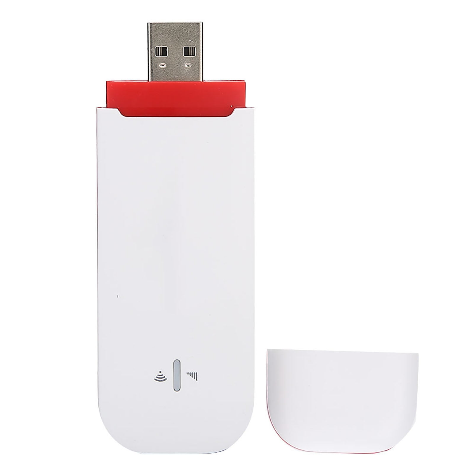 Ein weiß-roter USB-WLAN-Stick mit abgenommener Kappe auf weißem Hintergrund.