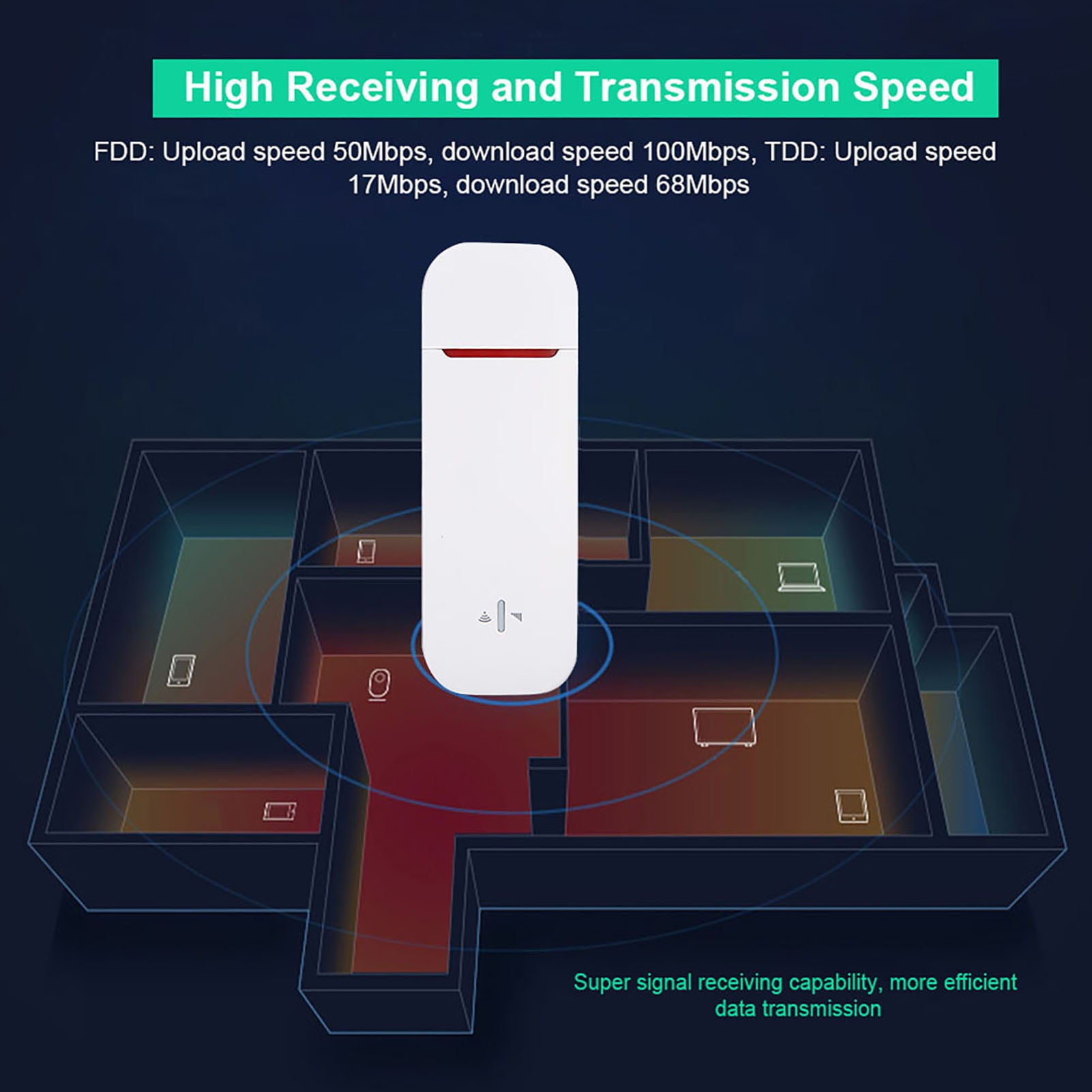 Ein weißer WLAN-Stick über einer Hausgrundriss-Grafik zeigt hohe Übertragungsgeschwindigkeiten.