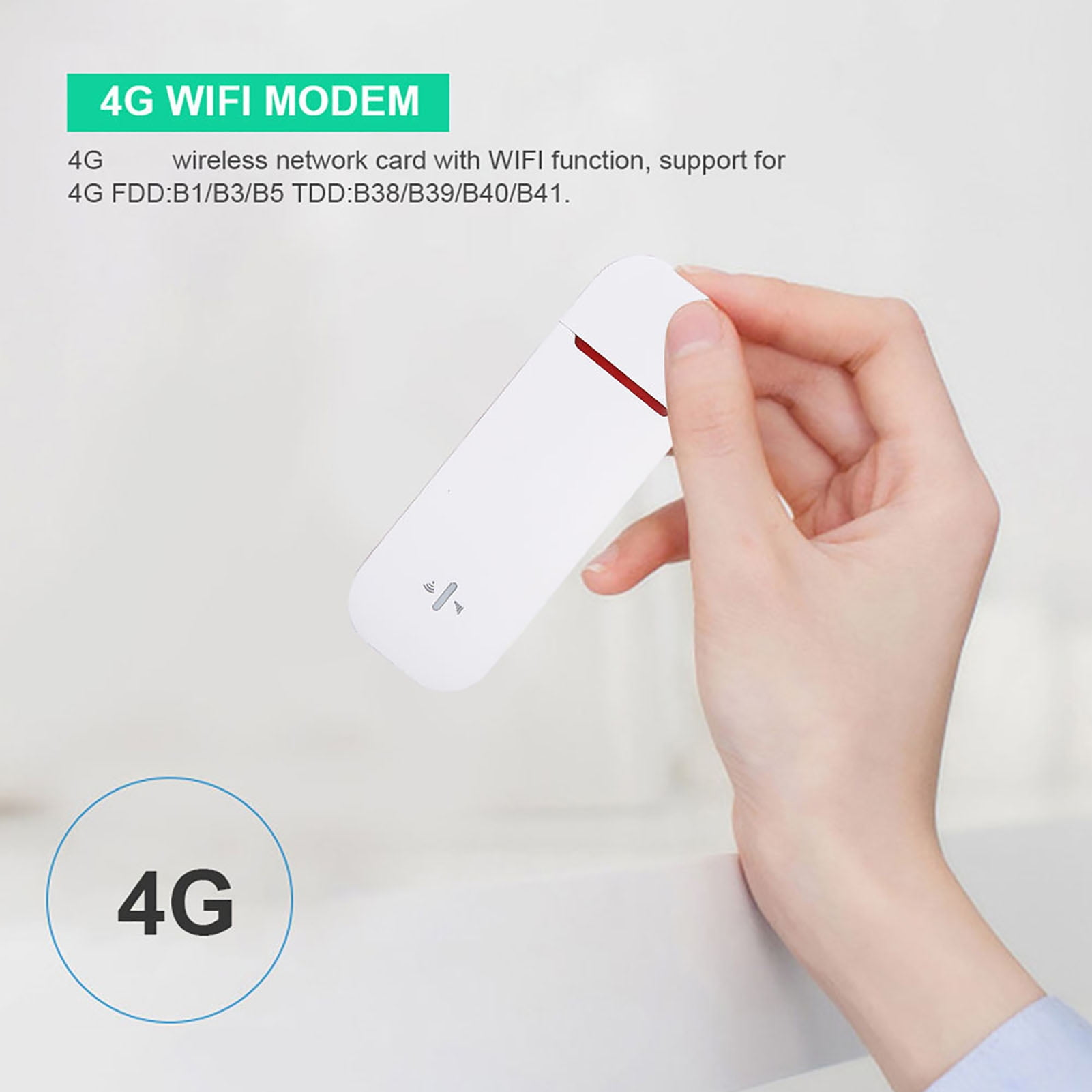 Eine Hand hält einen weißen 4G-WLAN-Modem-Stick vor einem hellen Hintergrund mit Text.