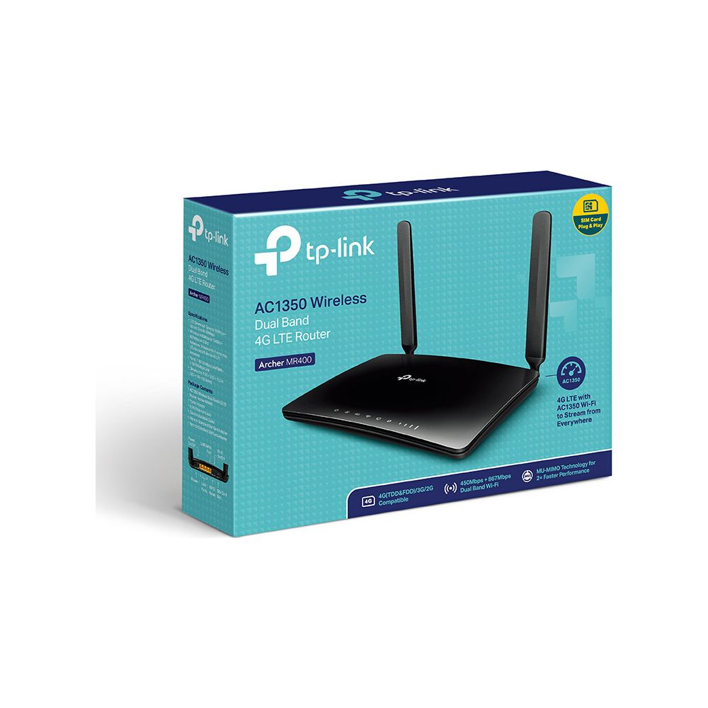 TP-Link AC1350 Wireless Dual Band 4G LTE Router in blue product packaging on a white background.