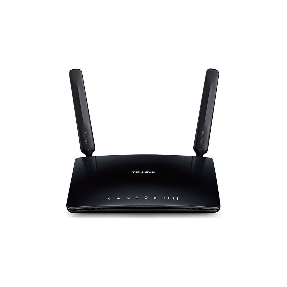 A black TP-Link 4G LTE router with two vertical antennas on a white background.