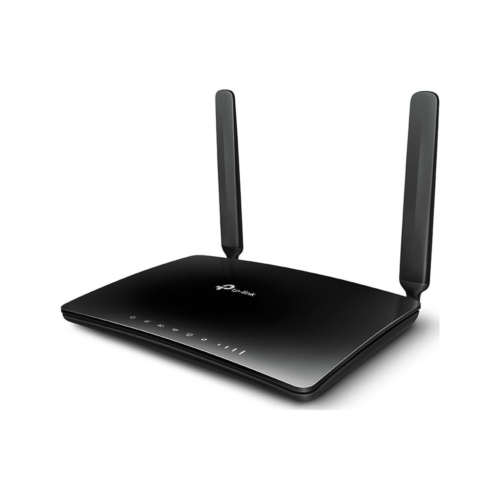 Black TP-Link Wi-Fi router with two antennas and front LED indicator lights against a white background.