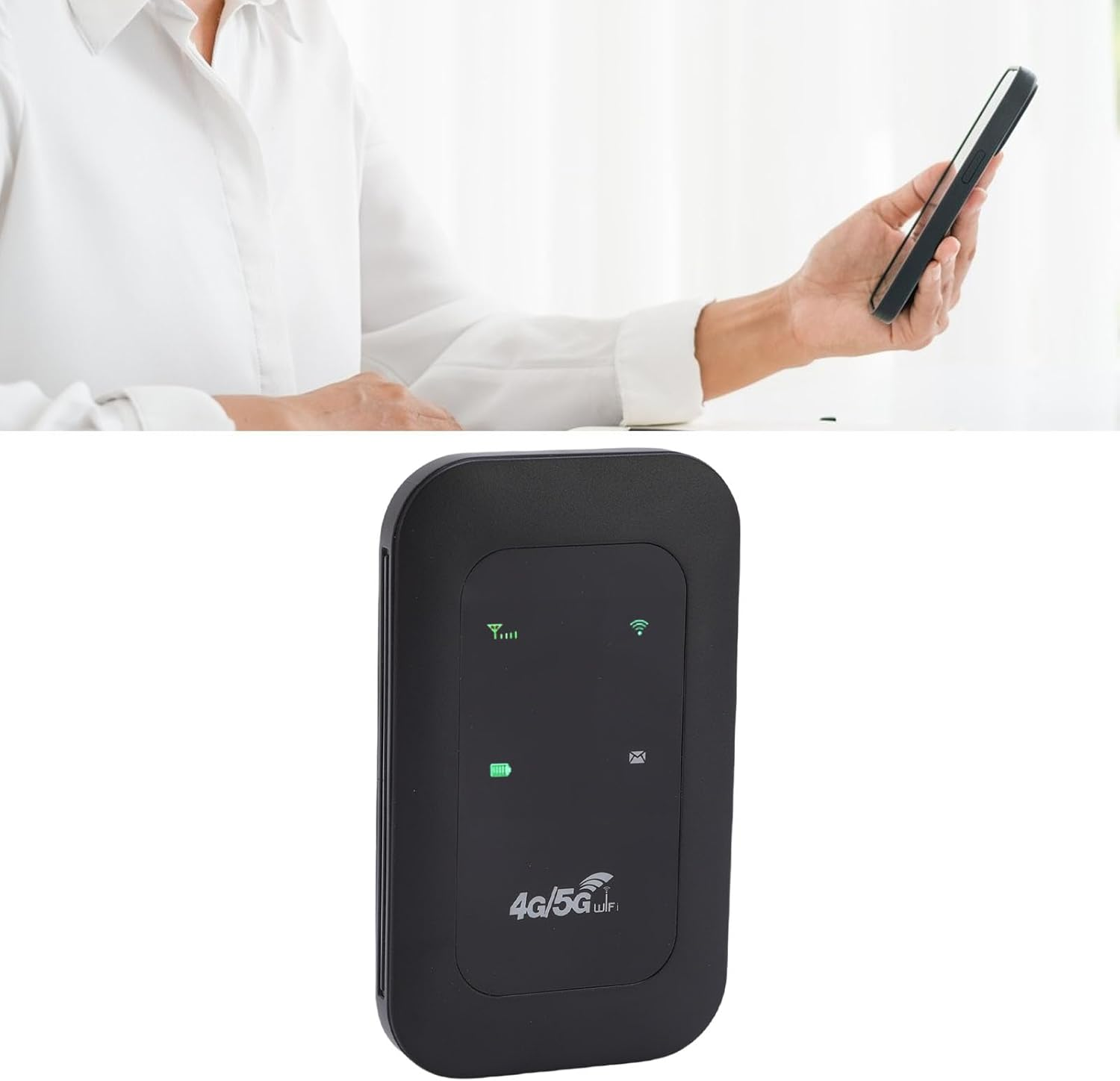 Person in weißem Hemd hält ein Smartphone; darunter ein schwarzer tragbarer 4G/5G-WLAN-Router mit grünen LED-Leuchten.