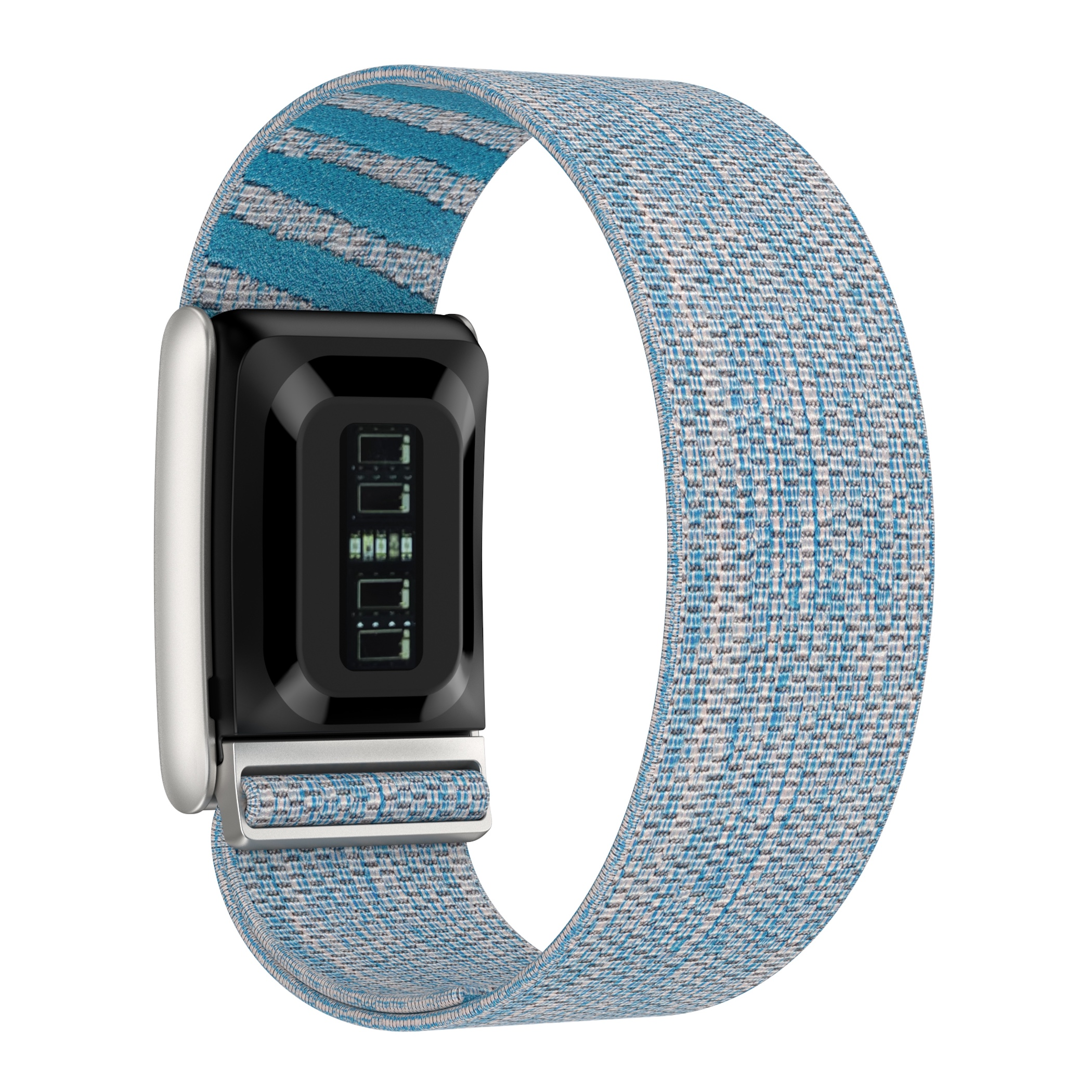 Fitness-Tracker mit schwarzem Gehäuse und blau-weiß gestreiftem Textilarmband auf weißem Hintergrund.