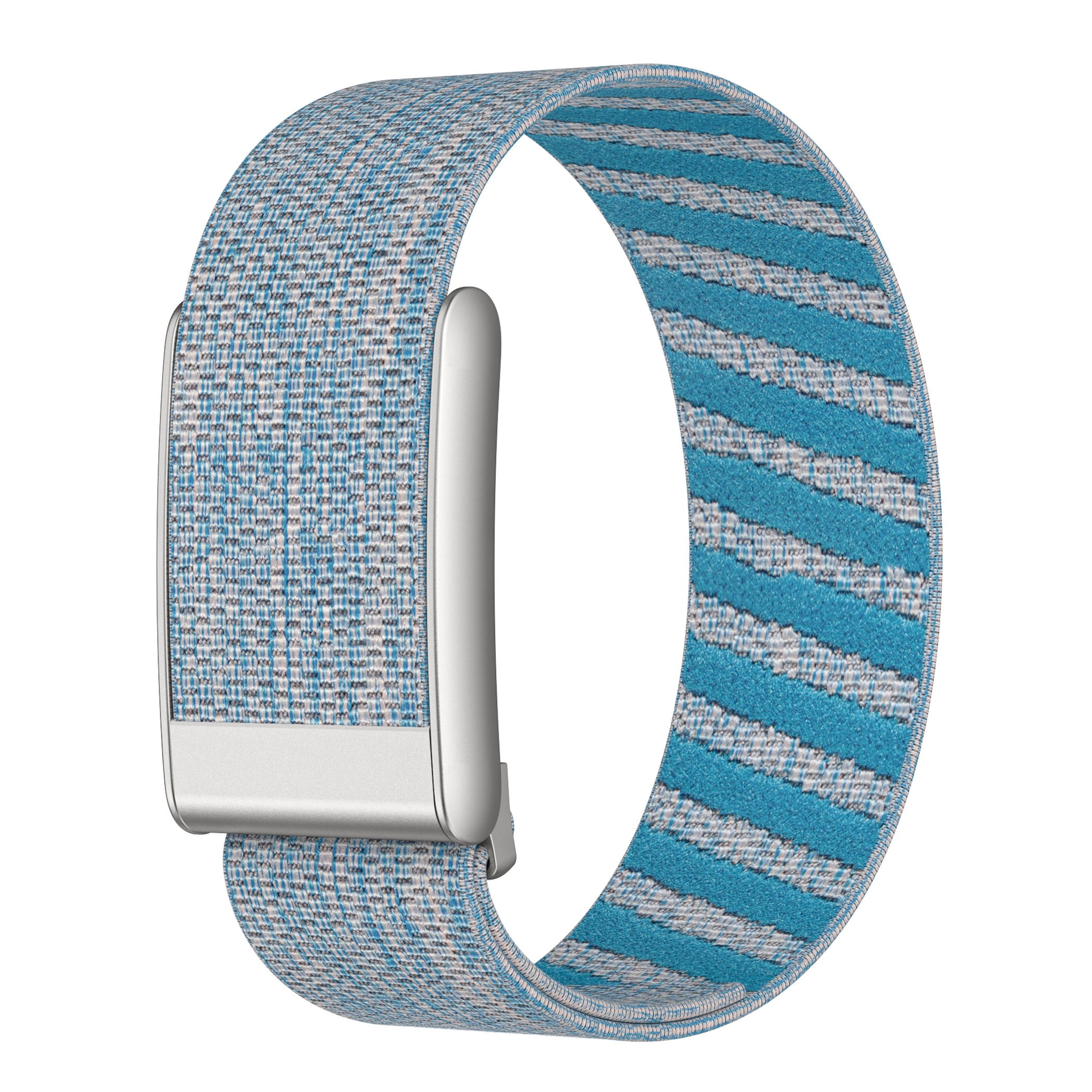 Ein blau-grau gemustertes Uhrenarmband aus Stoff mit silberner Metallschnalle auf weißem Hintergrund.
