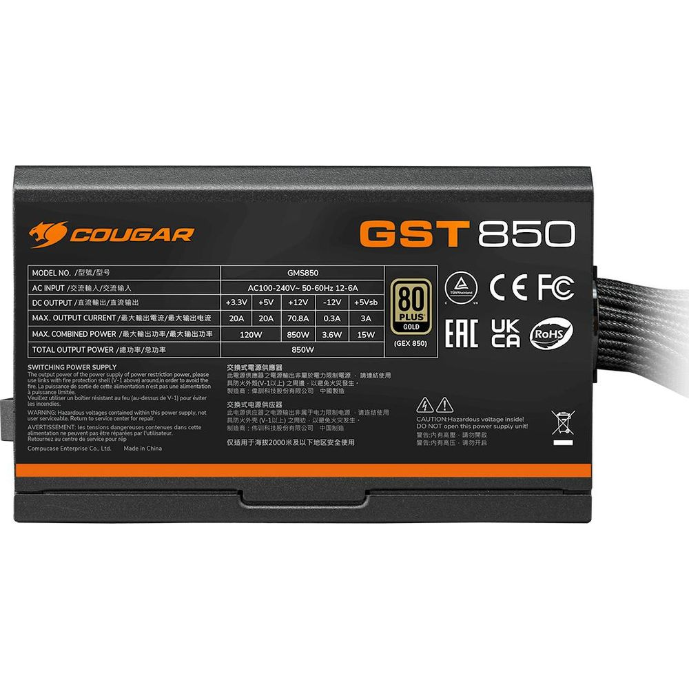 Zasilacz komputerowy Cougar GST 850 ze specyfikacjami, certyfikatami i złączami na czarnej obudowie.