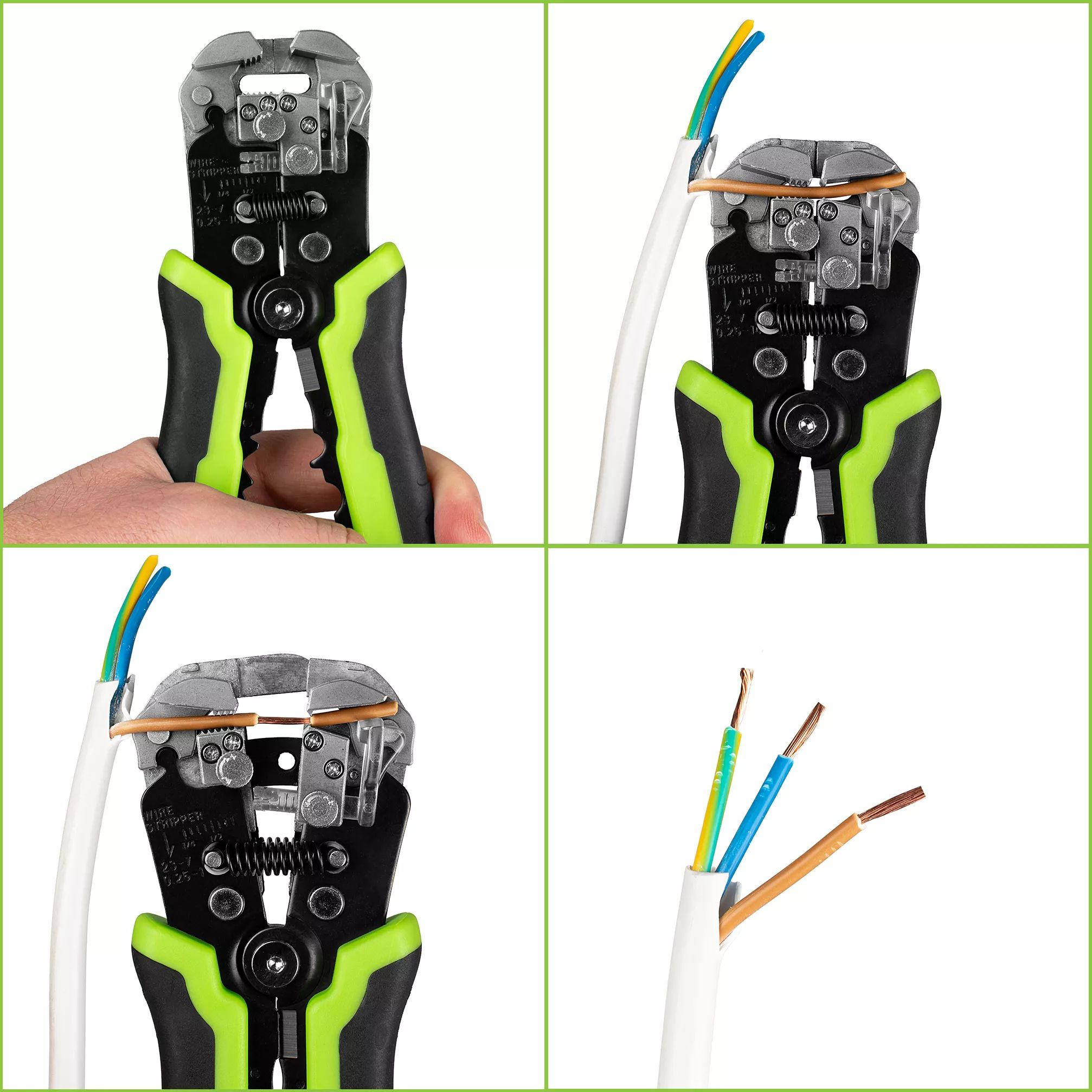 Vier schritte zeigen die verwendung von abisolierzangen an einem kabel mit drei isolierten adern auf weißem grund.