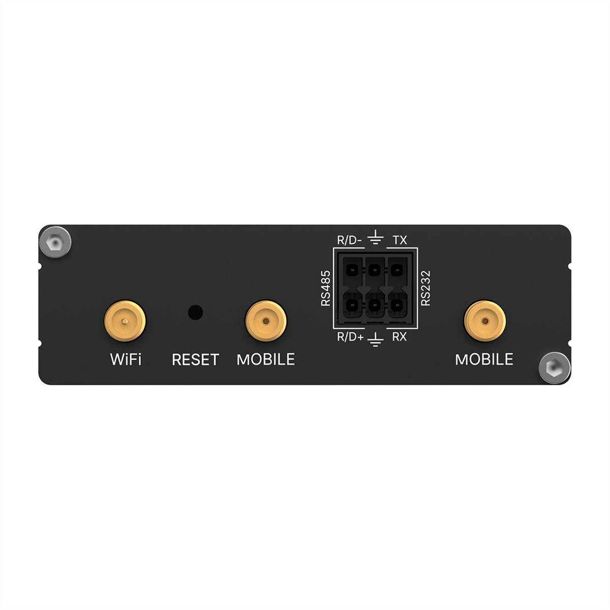 Schwarzes Hardware-Modul mit WLAN-, Mobil-, Reset-Anschlüssen, RS485/RS232-Port und zwei Befestigungsschrauben.