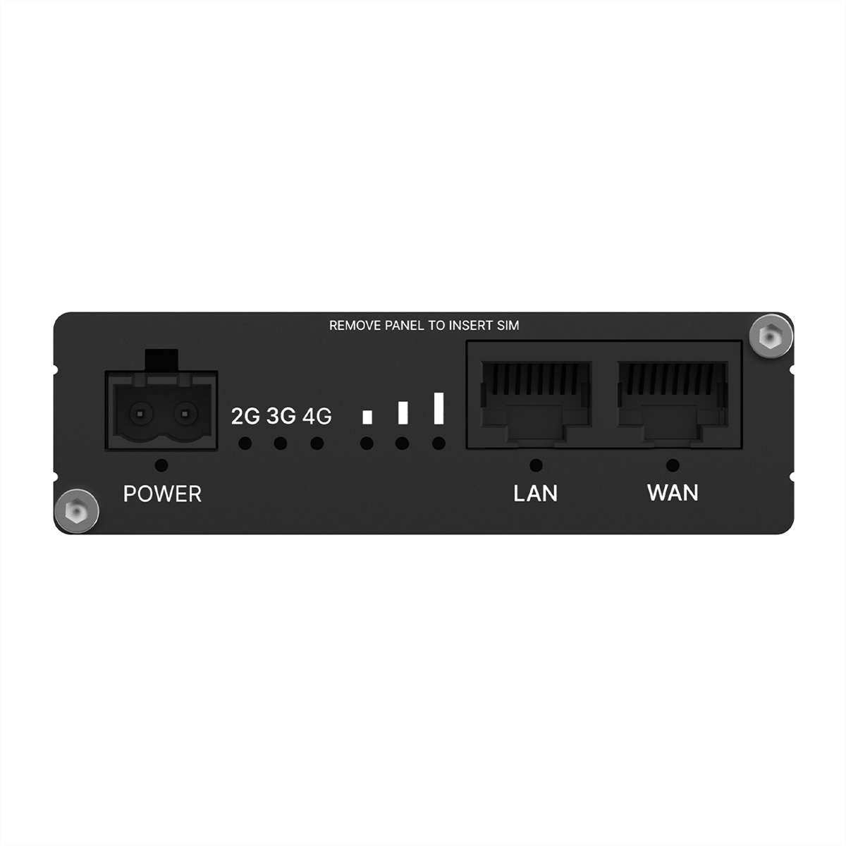Schwarzes Panel mit Netzteil, Signal-LEDs und LAN/WAN-Ports.