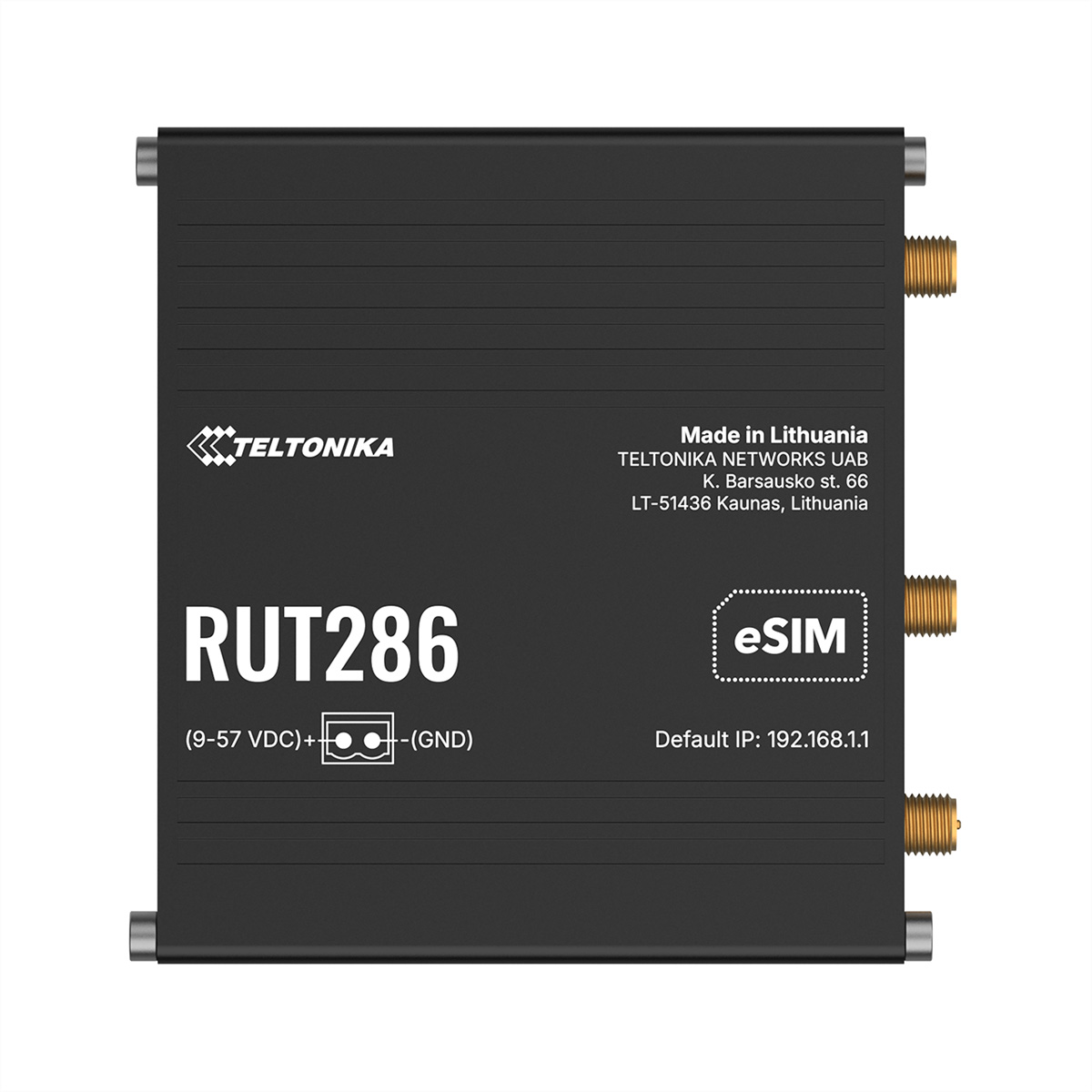 Schwarzer Teltonika RUT286 Router mit Text, Anschlüssen rechts und eSIM-Symbol auf der Vorderseite.