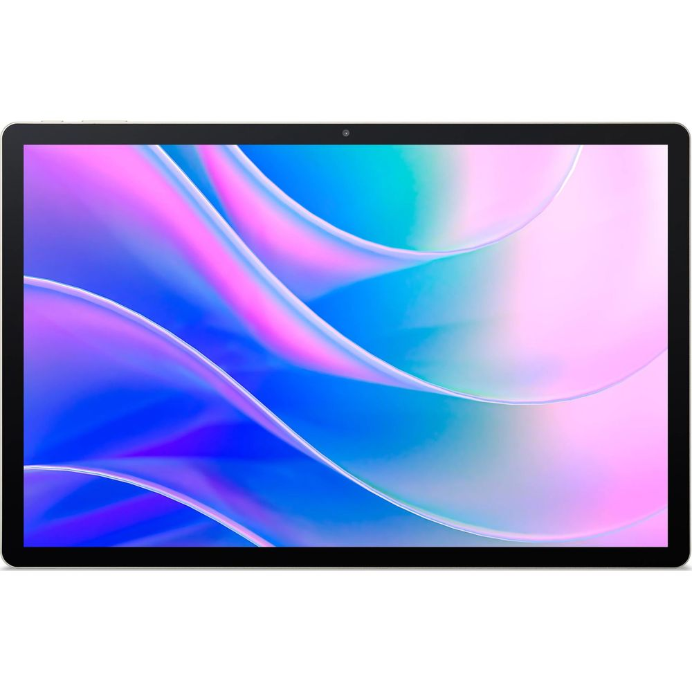 Un tablet con cornice nera e uno sfondo astratto colorato in rosa e blu.