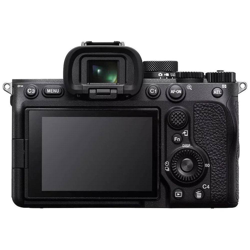 Vista posteriore di una moderna fotocamera digitale mirrorless nera che mostra lo schermo LCD, il mirifico e i pulsanti.