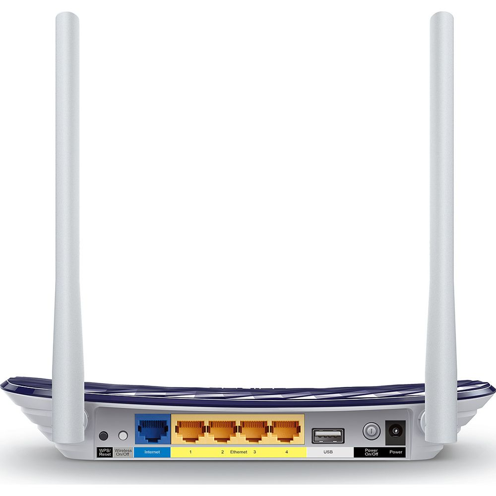 Rückansicht eines weißen WLAN-Routers mit zwei vertikalen Antennen und verschiedenen Anschlüssen.