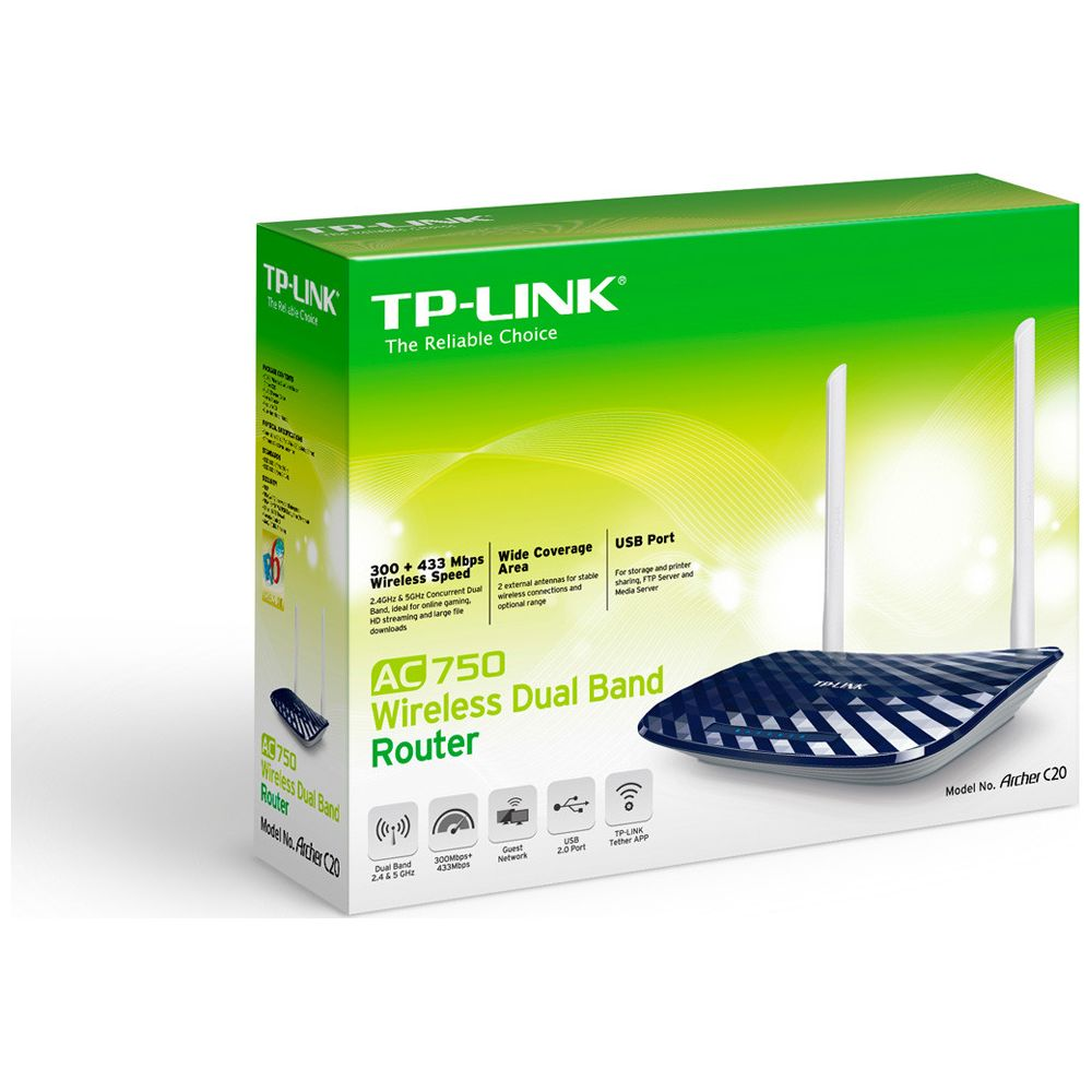 TP-Link AC750 WLAN-Router in grüner und weißer Originalverpackung mit zwei Antennen.