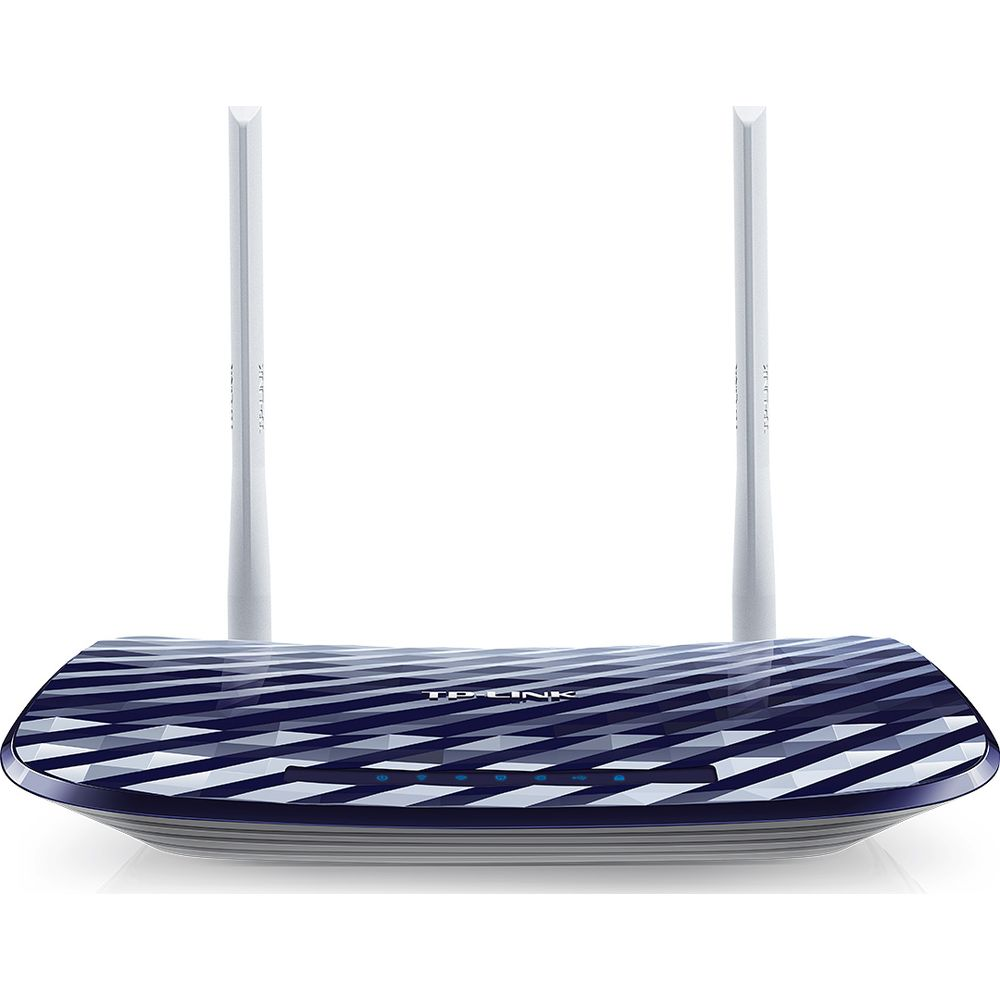 Ein blauer TP-Link-WLAN-Router mit zwei aufrechten Antennen und einem gemusterten Gehäuse auf weißem Hintergrund.