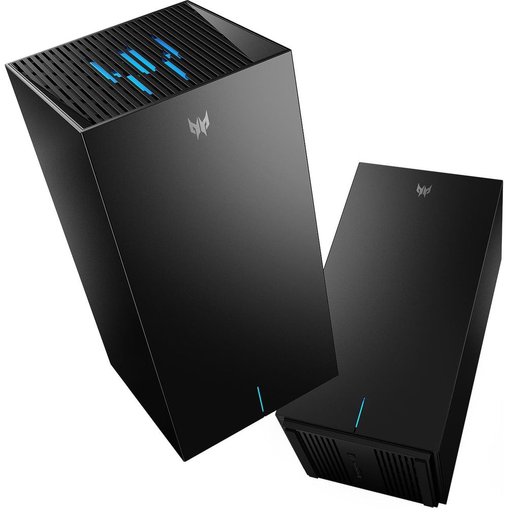 Zwei schwarze Router mit blauen LEDs und Logos auf weißem Hintergrund.